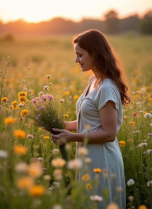 Donna che raccoglie fiori selvatici in un prato, simboleggiando la sostenibilità