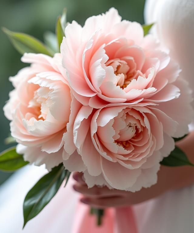 Dettaglio di un delicato bouquet da sposa con peonie rosa chiaro e nastri di seta