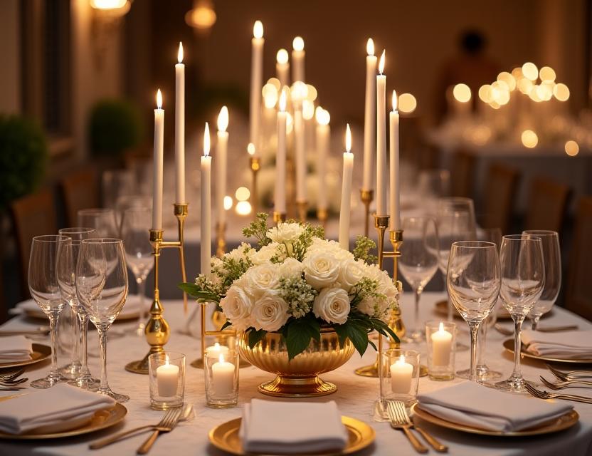 Centrotavola basso ed elegante per cena di gala, con fiori bianchi e candelabri dorati