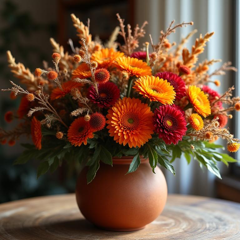 Composizione floreale in vaso di terracotta con colori autunnali, arancio e marrone