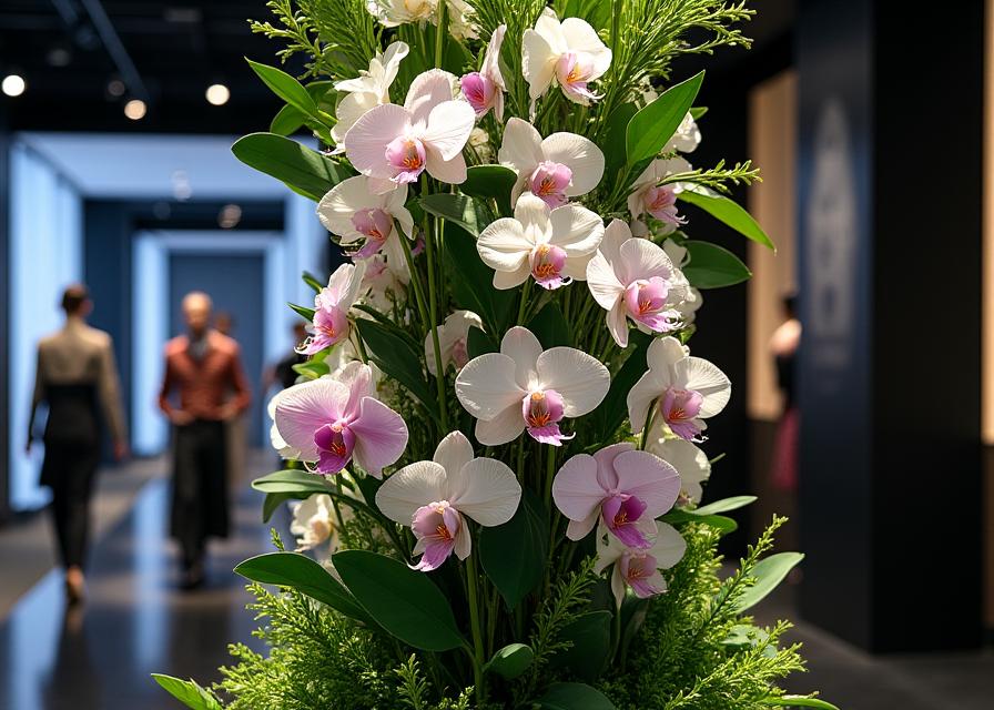 Installazione floreale verticale con orchidee e fogliame verde per un evento di moda o inaugurazione