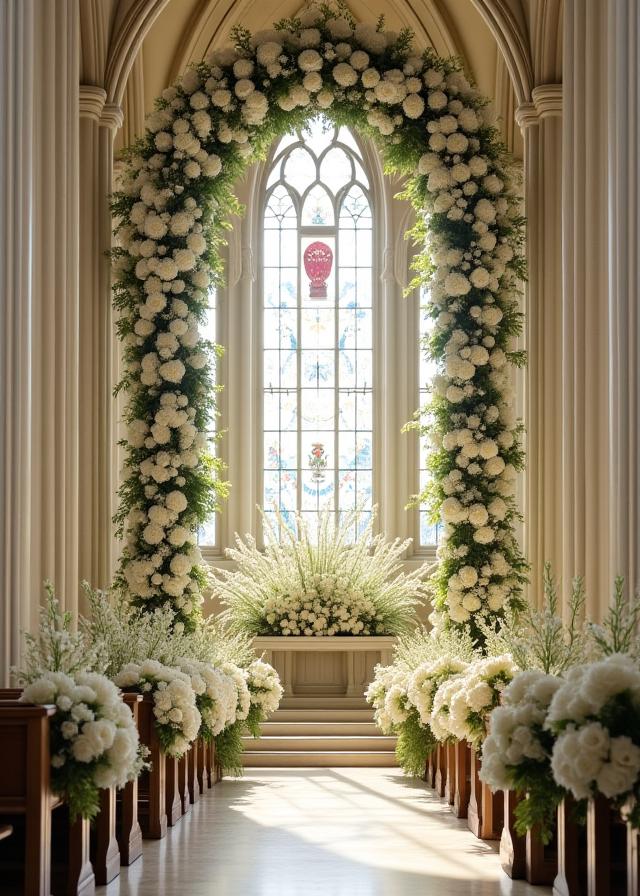 Allestimento floreale sontuoso con colonne e rose bianche in chiesa per matrimonio