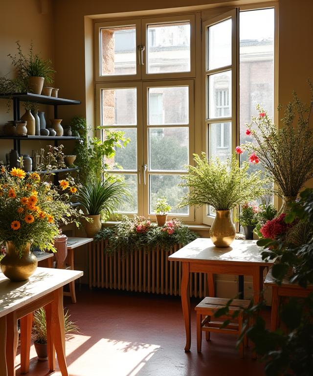 Immagine del laboratorio floreale Istrice Flora a Roma, con composizioni e vasi