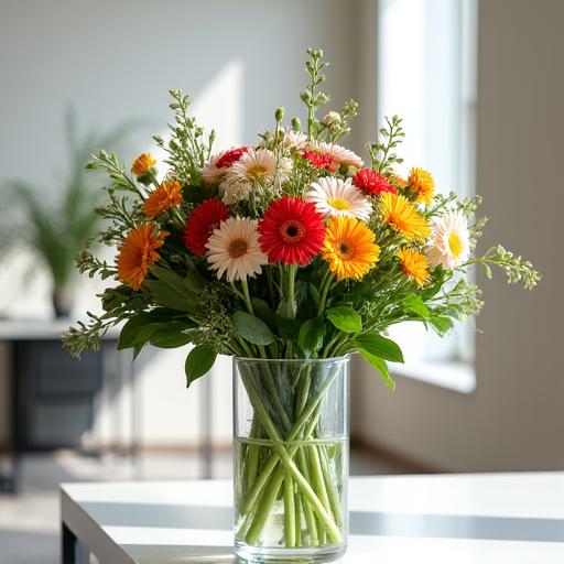 Vaso di fiori freschi in un ufficio o un salotto moderno, parte di un abbonamento