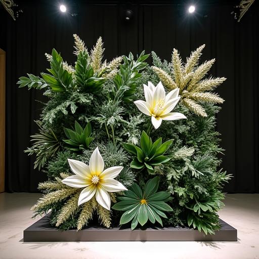 Installazione floreale moderna per un evento aziendale o gala, con fogliame strutturato