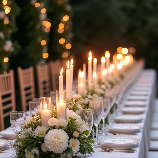 Allestimento di un lungo tavolo da matrimonio con ghirlande floreali e candele
